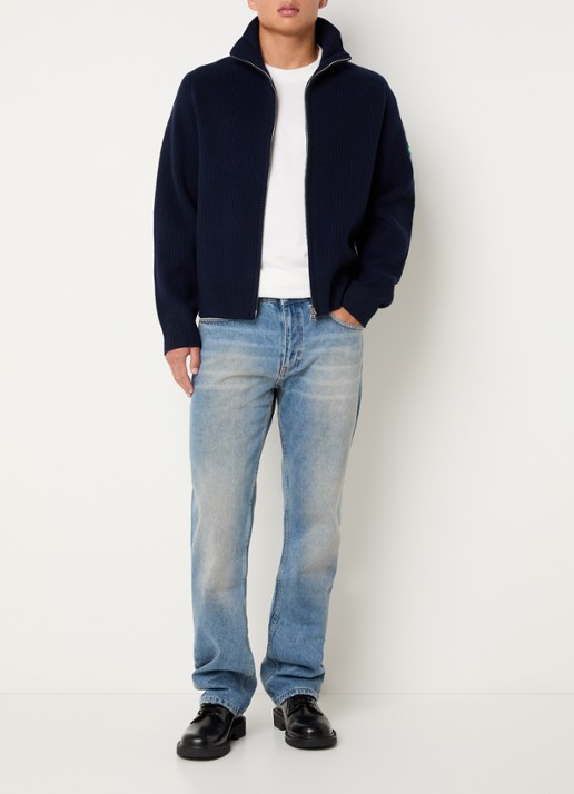 FLÂNEUR Ribgebreid vest van wol met logo - voorkant 2 donkerblauw