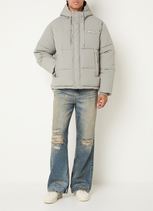 FLÂNEUR Signature puffer jack met capuchon en logo - voorkant 4 grijs