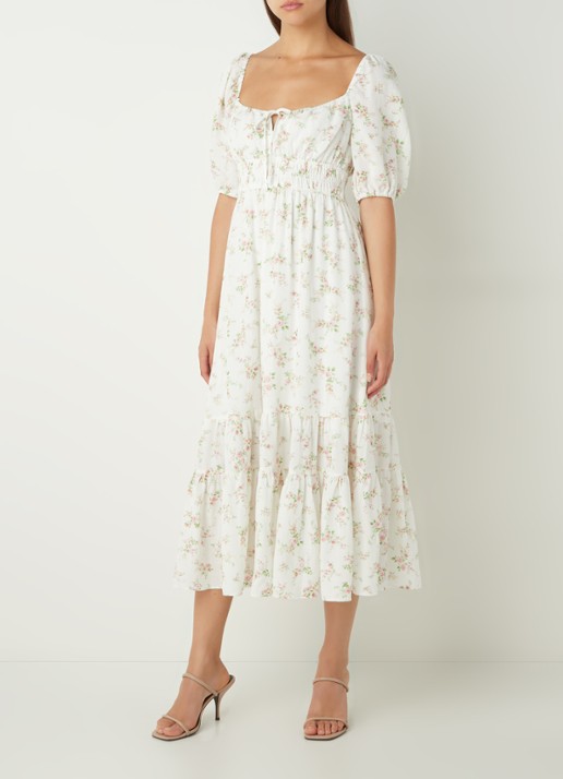 Forever New Josephine midi jurk in linnenblend met bloemenprint - voorkant 4 wit