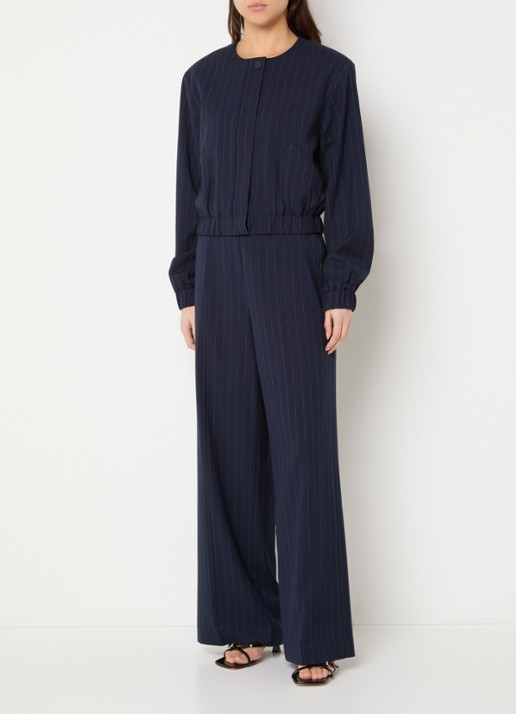 French Connection Alia high waist wide fit pantalon met krijtstreep en steekzakken - voorkant 4 donkerblauw