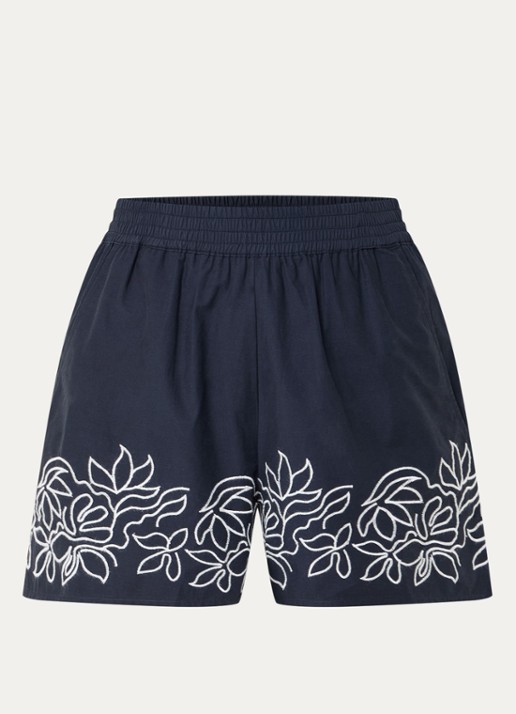 French Connection Alissa high waist straight fit korte broek met bloemborduring - voorkant 3 donkerblauw