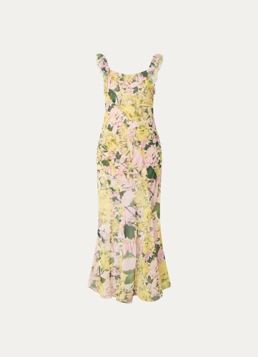 French Connection Carla maxi jurk met bloemenprint en split - voorkant 2 okergeel