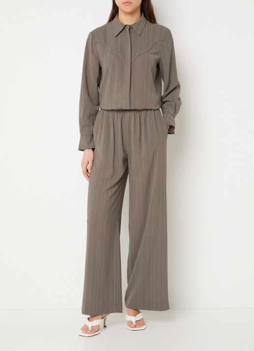 French Connection Erma high waist wide fit broek met krijtstreep en elastische band - voorkant 3 khaki
