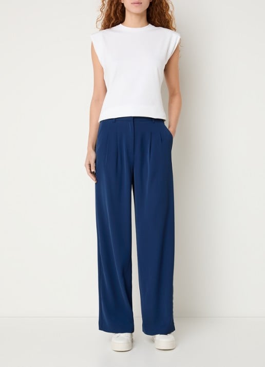 French Connection Harrie high waist wide fit pantalon met plooidetail - voorkant 2 donkerblauw