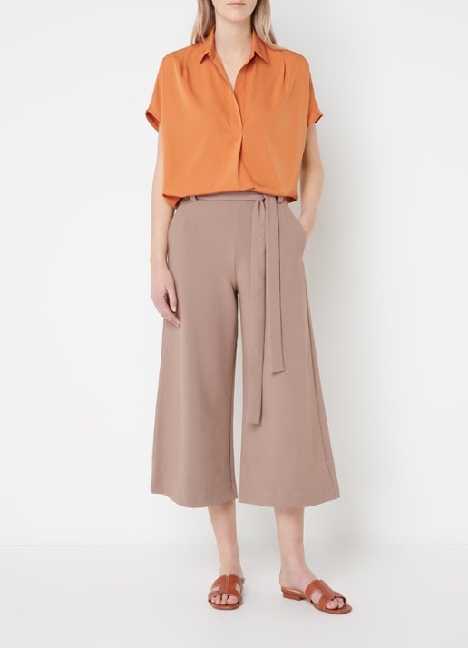 French Connection High waist wide fit culotte met strikceintuur - voorkant 6 lichtbruin