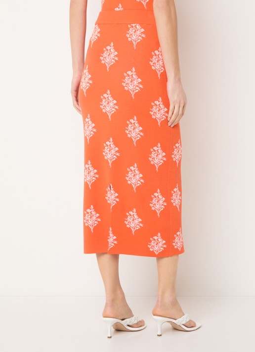 French Connection Imelda fijngebreide midi kokerrok met print - achterkant 4 oranjerood