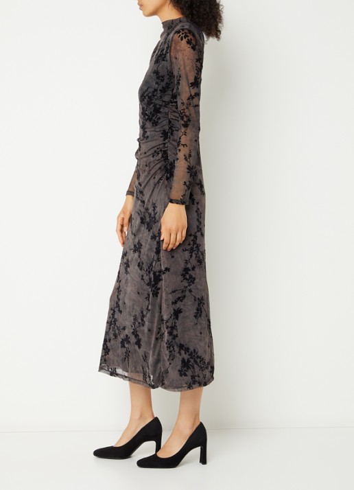 French Connection Kenny midi jurk van mesh met flock bloemenprint - voorkant 3 zwart