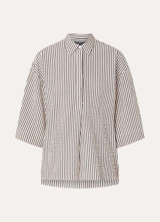 French Connection Lia blouse met streepprint - voorkant beige