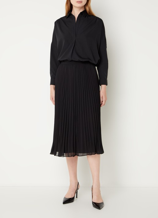 French Connection Midi rok met plissé en stretch  - voorkant 3 zwart