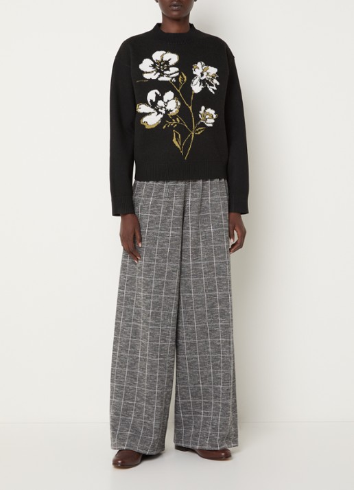 French Connection Oriana fijngebreide trui met ingebreide bloemenprint - voorkant 3 zwart