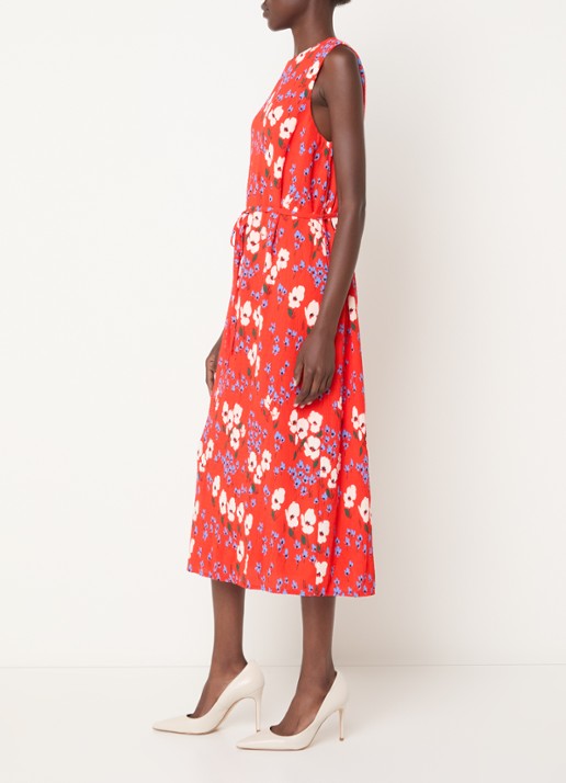 French Connection Scarlett Covey midi jurk met bloemenprint en strikceintuur - voorkant 2 rood