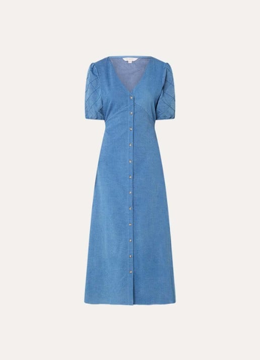 French Connection Zaves denim blousejurk met V-hals - voorkant 2 blauw