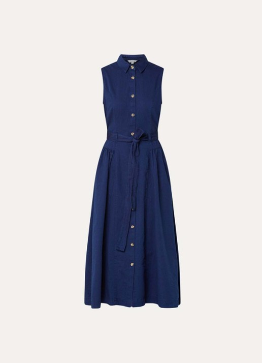 French Connection Zaves midi  blousejurk van chambray met strikceintuur - voorkant donkerblauw