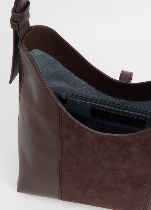 FURLA Goccia M schoudertas van kalfsleer met details van suède - detail 3 chocoladebruin