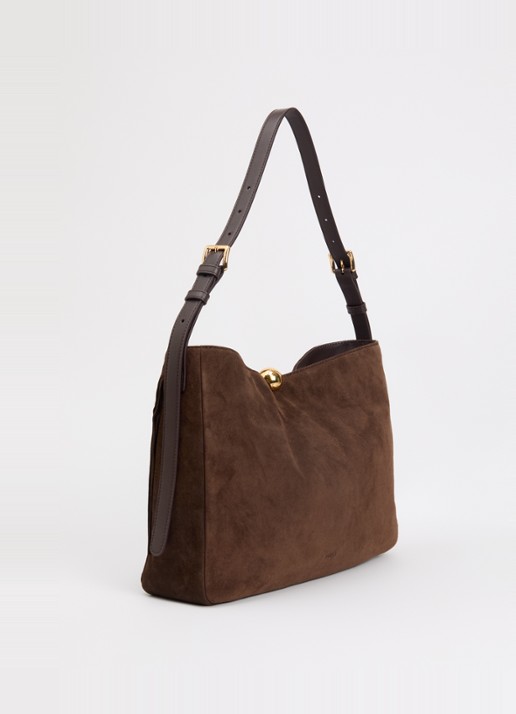 FURLA Sfera Soft L schoudertas van suède met franjes - achterkant chocoladebruin