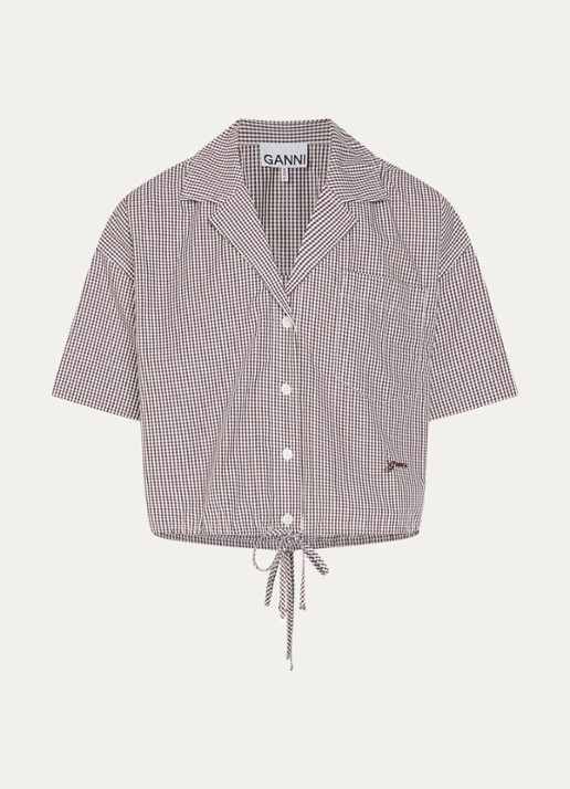 Ganni Cropped blouse met ruitdessin en borstzak - voorkant bruin