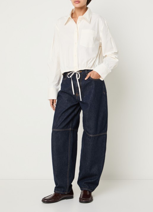 Ganni Cropped blouse met trekkoord en details van kant - voorkant 4 gebroken wit
