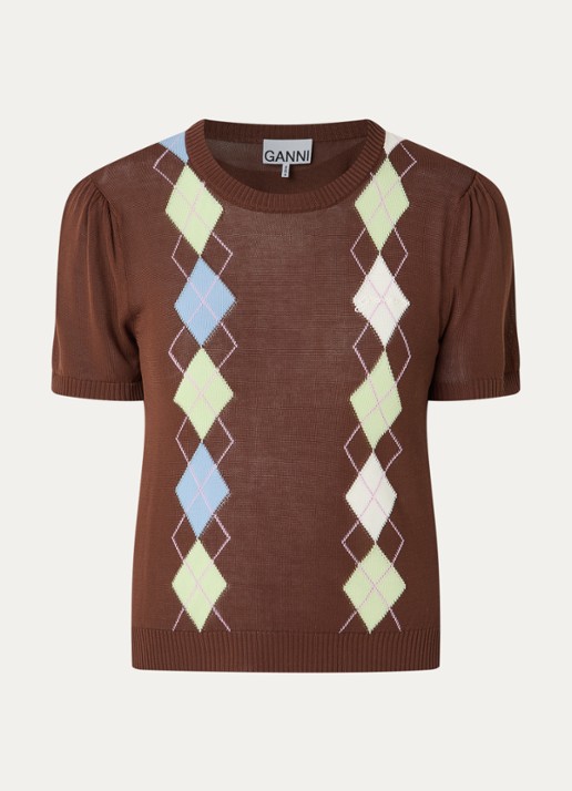 Ganni Fijngebreid T-shirt met ingebreid patroon - voorkant 3 bruin