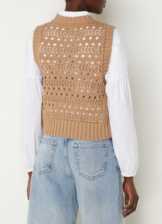 Ganni Grofgebreide spencer in  katoenblend met ingebreid logo - achterkant 4 camel