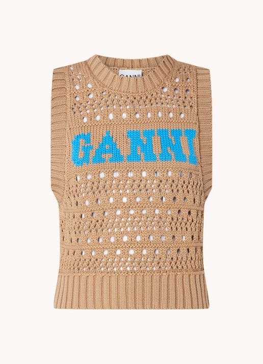 Ganni Grofgebreide spencer in  katoenblend met ingebreid logo - voorkant camel