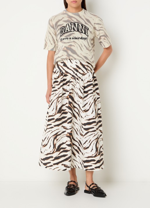Ganni High waist midi rok met print - voorkant 3 gebroken wit