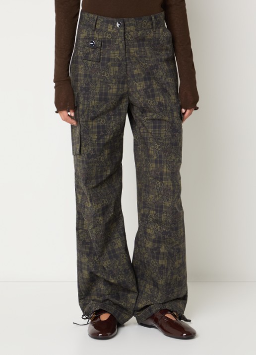 Ganni High waist straight fit cargobroek met ruitdessin en bloemenprint