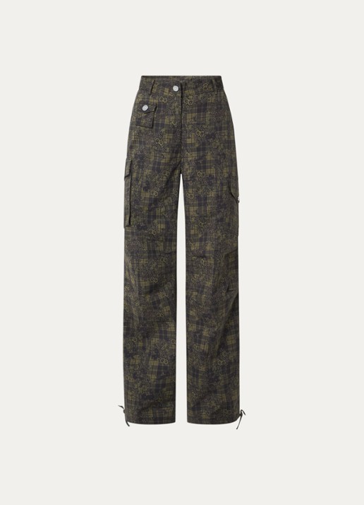 Ganni High waist straight fit cargobroek met ruitdessin en bloemenprint - voorkant 3 olijfgroen