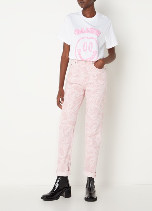 Ganni High waist straight leg jeans met paisley dessin - voorkant 2 lichtroze