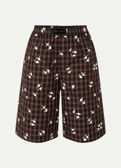 Ganni High waist wide fit korte broek met bloemborduring - voorkant bruin