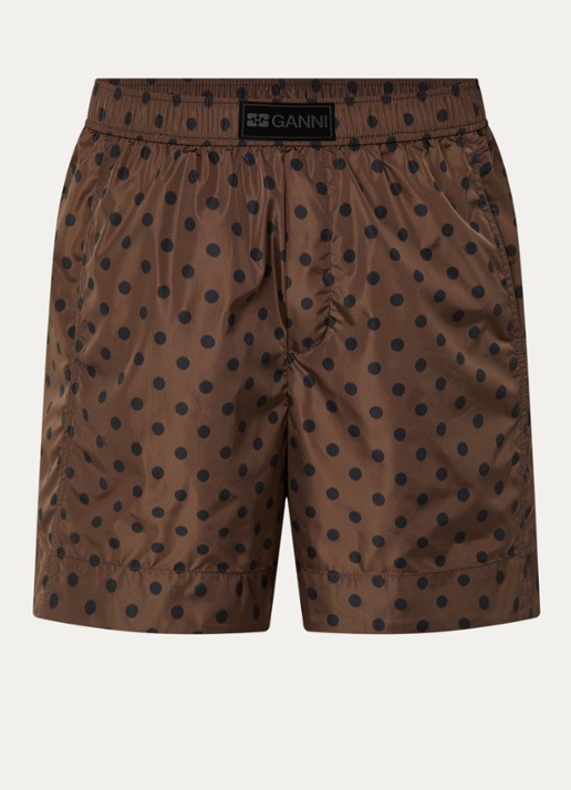 Ganni High waist wide fit korte broek met stippenprint en steekzakken - voorkant 3 bruin