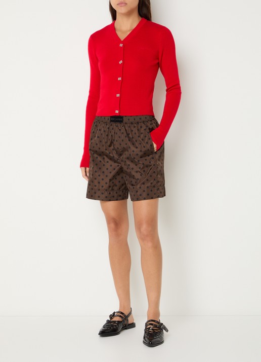 Ganni High waist wide fit korte broek met stippenprint en steekzakken - voorkant 4 bruin
