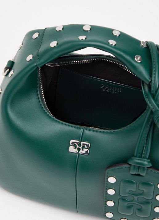 Ganni Hobo Mini handtas van leer met studs - detail donkergroen