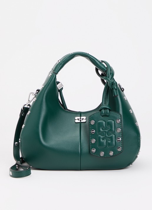 Ganni Hobo Mini handtas van leer met studs - voorkant 6 donkergroen