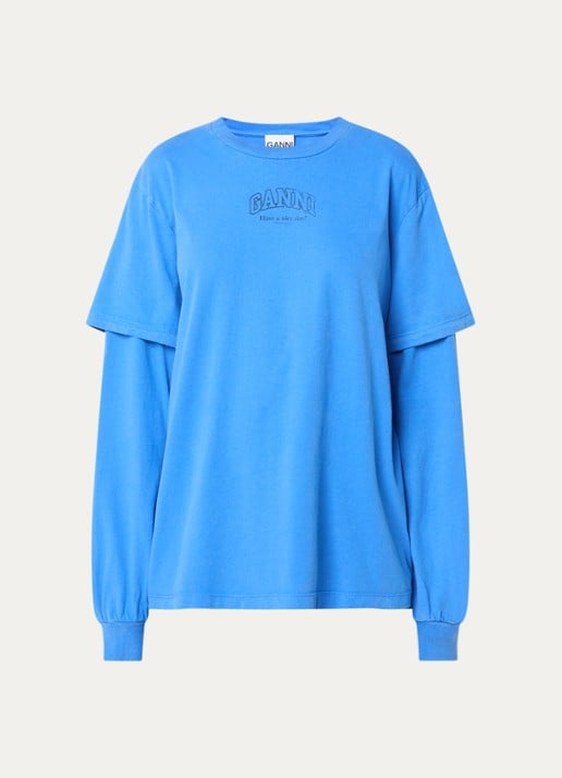 Ganni Longsleeve met logoprint en verwassen afwerking - voorkant 2 blauw