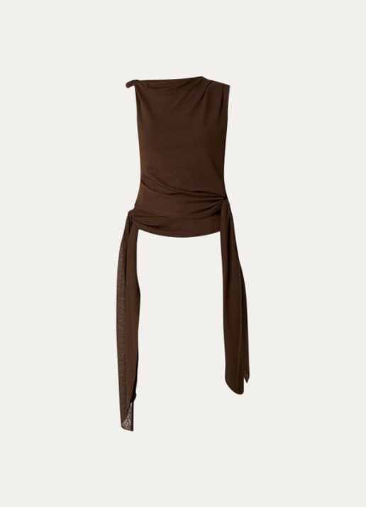 Ganni Marl top met asymmetrische hals - voorkant donkerbruin