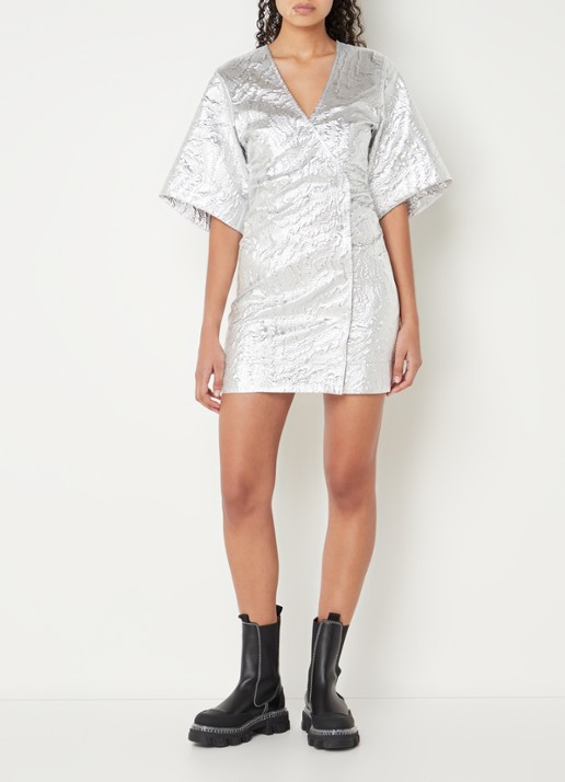 Ganni Mini wikkeljurk met metallic finish en structuur - voorkant 2 zilver