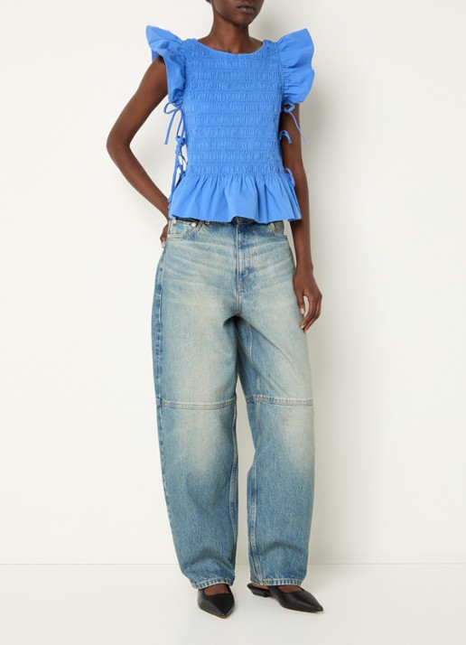 Ganni Mouwloze top met smockwerk en gestrikt detail - voorkant 4 blauw