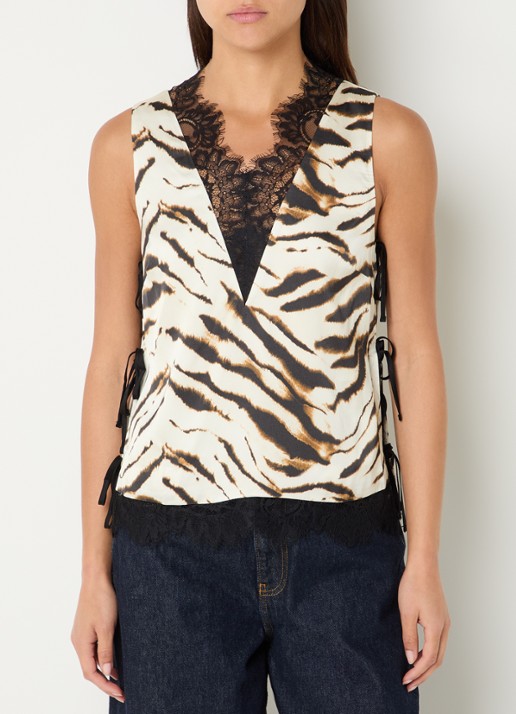 Ganni Mouwloze top van satijn met zebraprint en details van kant