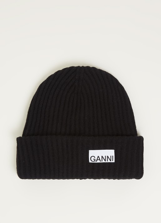 Ganni Muts in wolblend met logo - voorkant zwart