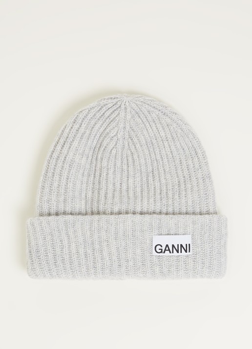 Ganni Muts in wolblend met logo - voorkant lichtgrijs