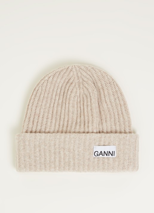 Ganni Muts in wolblend met logo - voorkant zand