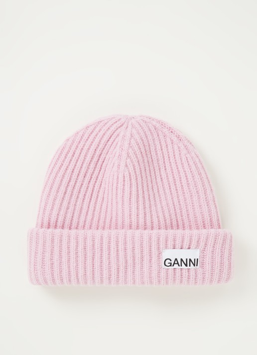 Ganni Muts in wolblend met logo - voorkant roze