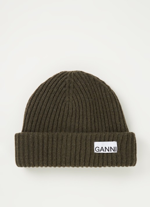 Ganni Muts in wolblend met logo - voorkant donkergroen