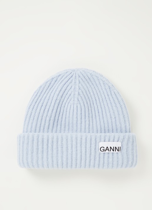 Ganni Muts in wolblend met logo - voorkant lichtblauw