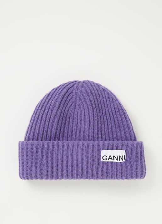 Ganni Muts in wolblend met logo - voorkant violet