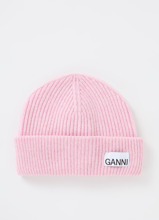 Ganni Ribgebreide muts in wolblend - voorkant roze