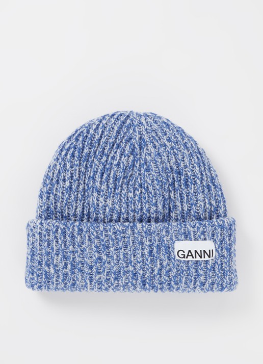 Ganni Ribgebreide muts in wolblend - voorkant blauw