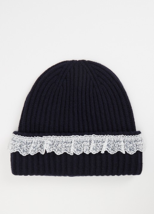 Ganni Ribgebreide muts van wol met details van kant - voorkant donkerblauw