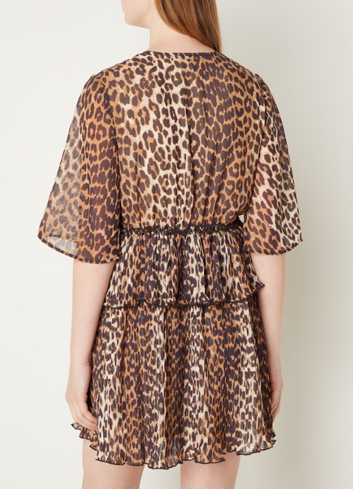 Ganni Semi-transparante mini tuniekjurk met volant en panterprint - achterkant camel