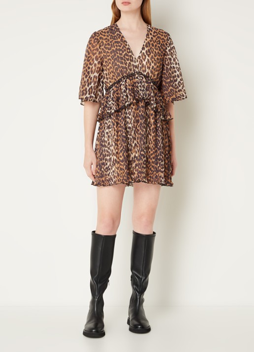 Ganni Semi-transparante mini tuniekjurk met volant en panterprint - voorkant 3 camel